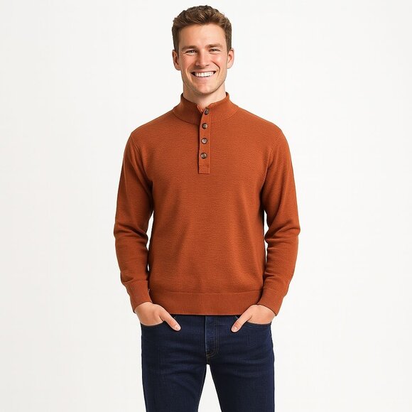 Alesbury Cotton Button Mock Neck Pullover Sweater Rust Knit Fall Core L - Picture 5 of 8